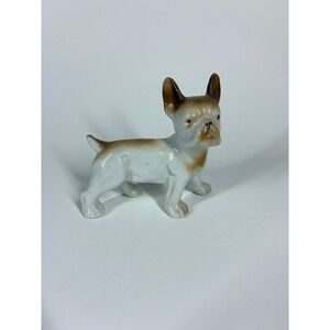 Vintage Japanese Porcelain French Bulldog Figurine White Brown Hand Painted